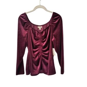 Maison Jules Women's Velvet Ruched Long Sleeve Romantic Top Burgundy, XL, NWT